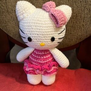 Handmade Crocheted White and Pink Hello Kitty Plush 8”tall -new